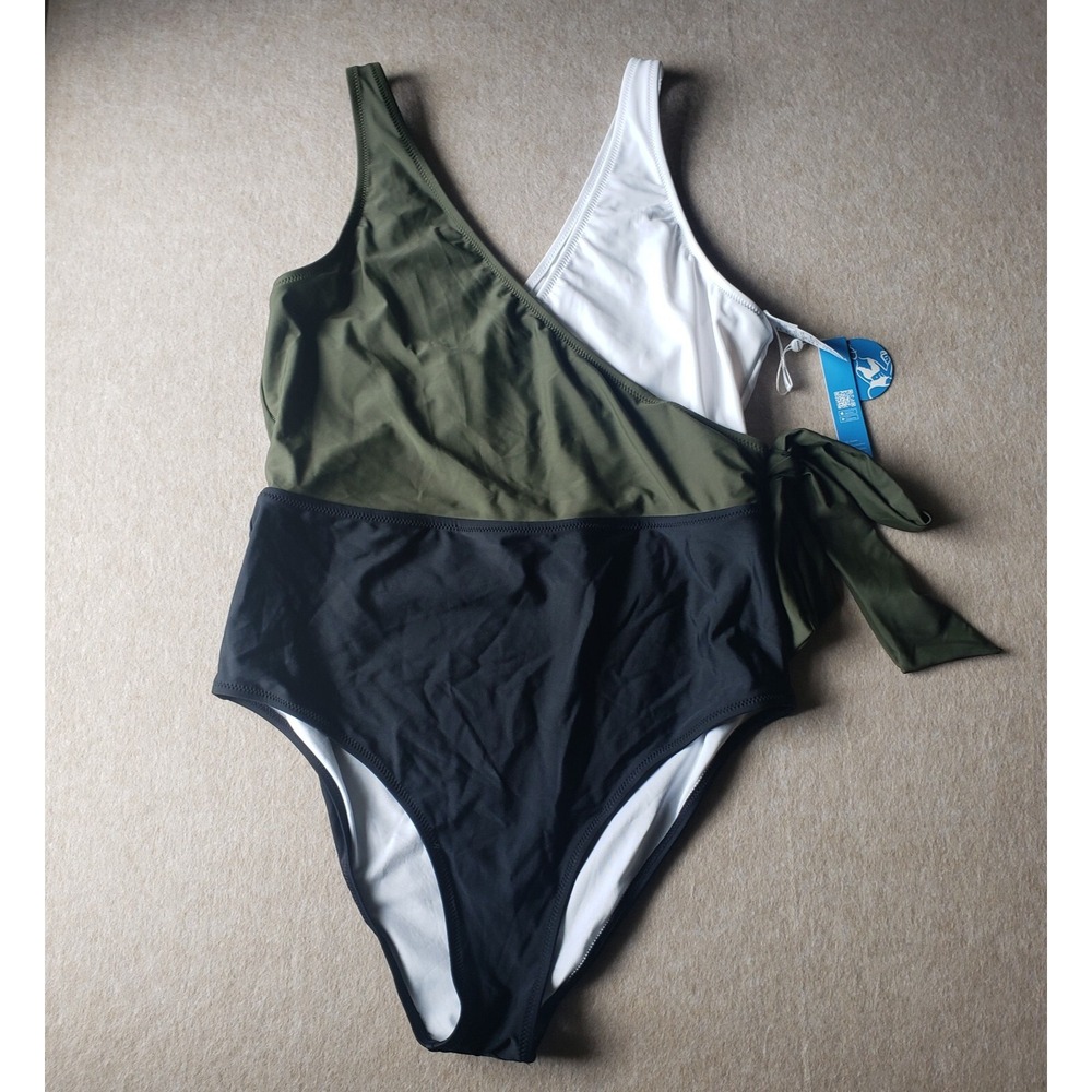 Cupshe Olive Green Black White One-Shoulder One-Piece Swimsuit